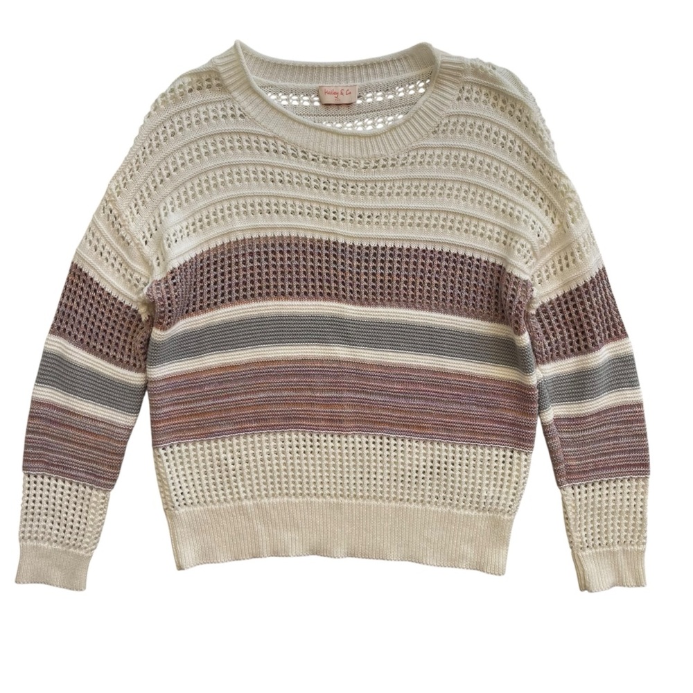Hailey & Co Women’s S Cream Purple Blue Metallic Striped Open Weave Sweater Boho